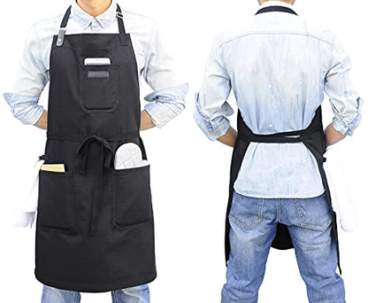 Black Kitchen Apron for Cooking, with Pockets & Towel Loop - color: Black Cotton