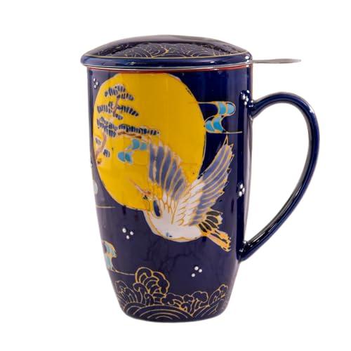 Tea Mug With Lid and Stainless Steel Infuser For Loose Leaf Tea Bag,15oz Tea Cup Porcelain, Hot Beverage Everyday Use Home Office, Gift Boxed (Moon Crane) - style: Moon Crane