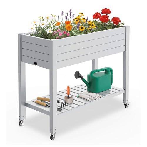 PatioZen Raised Garden Bed, 33.66" Tall Self-Watering Resin Planter Box with Legs & Lockable Wheels Drainage Plug and Gauge for Flowers, Vegetables, Storage Shelf for Tools and Accessories Ashen - color: Ashen, size: 43.31"L x 17.72"W x 33.66"H