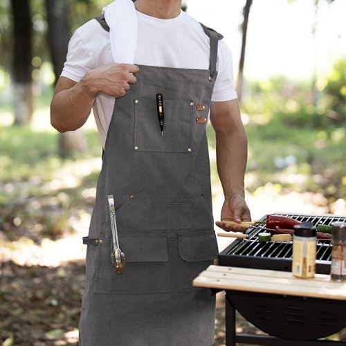 Tosewever Work Aprons for Men with Large Pockets, Canvas Cross Back Heavy Duty Adjustable Tool Aprons for Chef Cooking BBQ - color: Grey