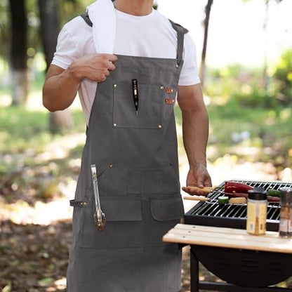 Tosewever Work Aprons for Men with Large Pockets, Canvas Cross Back Heavy Duty Adjustable Tool Aprons for Chef Cooking BBQ - color: Grey