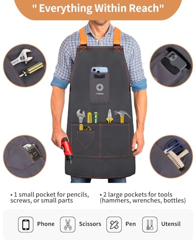 Adjustable Work Apron with Secure Multi Phone Pocket - Design for Cooking, BBQ, Gardening, Carpentry, Bartending, Serving