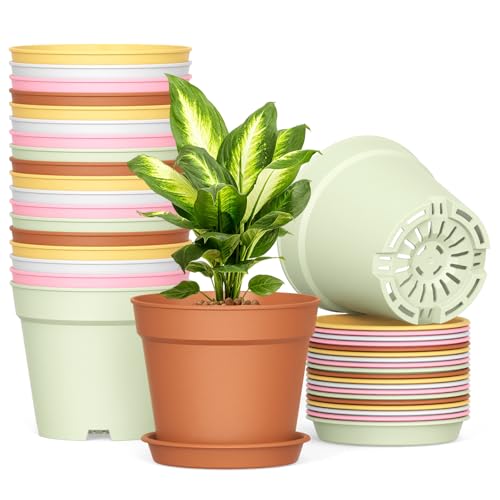 SwinDuck 20 Pack 6 Inch Plant Pots with Drainage and Saucers, White Plastic Flower Pots for Indoor and Outdoor Plants, Stackable Nursery Planters for Houseplants and Herbs, Colorful - color: Colorful, size: 20-Pack