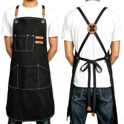 Canvas Tool Apron, Heavy Duty Multi-Pocket, Crossback Adjustable - color: Black