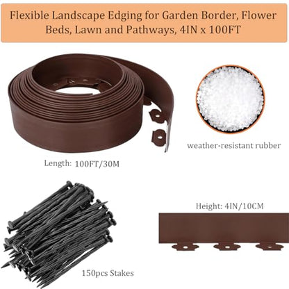 Landscape Edging 100FT, Plastic Garden Edging Border [Extra High 4IN Tall] - color: Brown, size: 4IN x 100FT