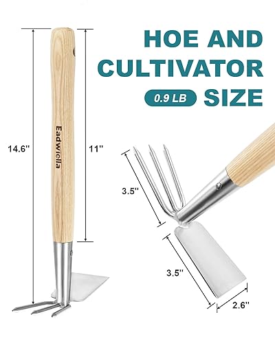 14 Inch Double‑Sided Garden Hoe & Cultivator, Hand Tiller Rake