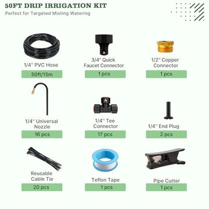 A ANLEOLIFE 50FT Drip Irrigation Kit for Patio, Potted Plants, 360° Bendable Copper Nozzles, Quick-Connect 1/4" Tubing for Container Gardens, Micro Drip with Adjustable Water Flow (Timer Not Included) - style: 50FT Drip Kit
