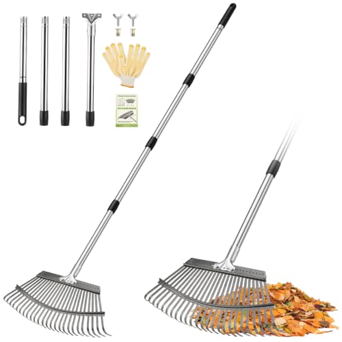 Adjustable Leaf Rake, Lightweight 18" Wide Garden Rake, 62" Long Handle