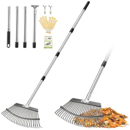 Adjustable Leaf Rake, Lightweight 18" Wide Garden Rake, 62" Long Handle