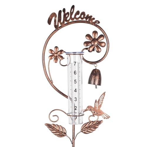 Rain Gauge Outdoor,Hummingbird Rain Gauges with Bell Design,Decorative Large Number Plastic Tube Freeze Proof Metal Rain Measure Water Gauge Welcome Sign for Garden Yard