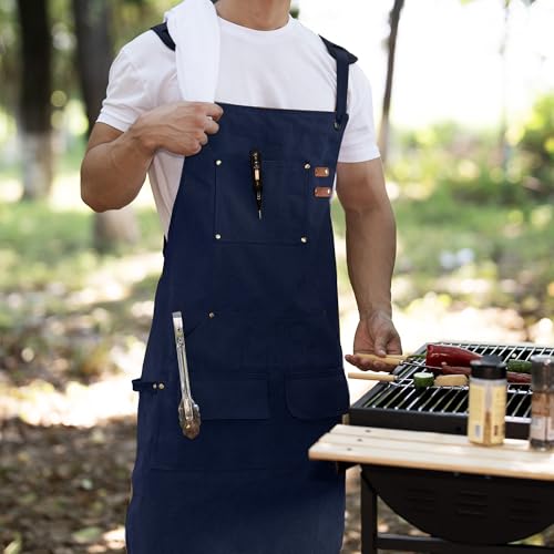 Tosewever Work Aprons for Men with Large Pockets, Canvas Cross Back Heavy Duty Adjustable Tool Aprons for Chef Cooking BBQ - color: Blue