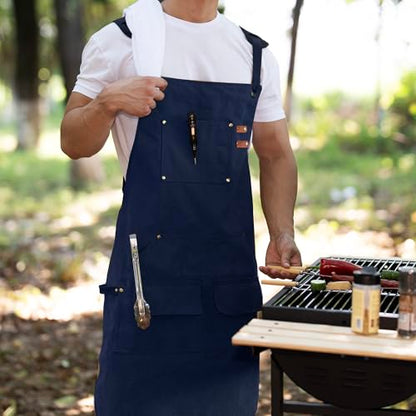 Tosewever Work Aprons for Men with Large Pockets, Canvas Cross Back Heavy Duty Adjustable Tool Aprons for Chef Cooking BBQ - color: Blue