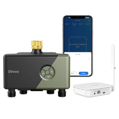 Diivoo WiFi Water Timer for Garden Hose, 4 Zone Smart Sprinkler Timer with Brass Inlet, Ethernet & 2.4GHz WiFi Connection, Compatible with Alexa/Google, 24 Irrigation Plans & Rain Delay Mode for Lawns