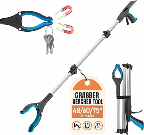 Extra Long Grabber Reacher Tool, 48" Aluminum Foldable Reacher Grabber, Dual Magnetic Tip, 2 in 1 Pickup Grabber w/Shoe Horn, Strong Upper Picker for Elderly, Surgery Recovery, Medical, Trash - color: 48"blue