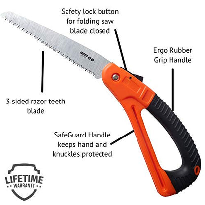 Edward Tools Harden Folding Pruning Saw with SafeGaurd Handle - 7” Hight Hardness Steel 3 Sided Razor Tooth Blade for Cutting Trees and Limbs - Saw for Camping, Hunting, Wood Clearing