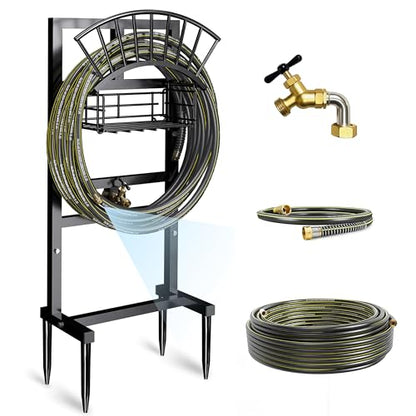 Garden Hose Holder with Brass Faucet, 45ft Rubber Hose, 5ft Leader Hose