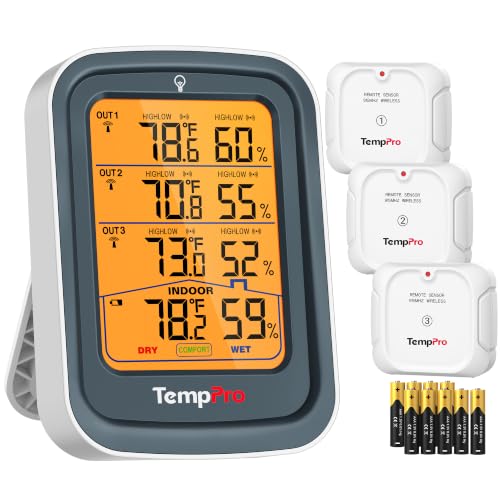 TempPro TempAir 500FT Indoor Outdoor Thermometer Wireless -3 Sensors (Grey) - color: Grey