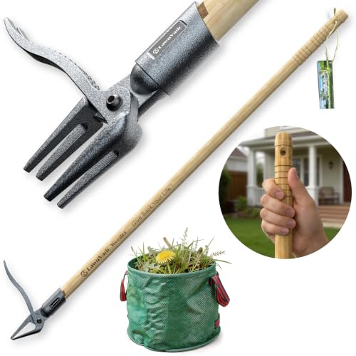 Stand Up Weed Puller with Bamboo Handle, 4-Claw Steel Head for Garden
