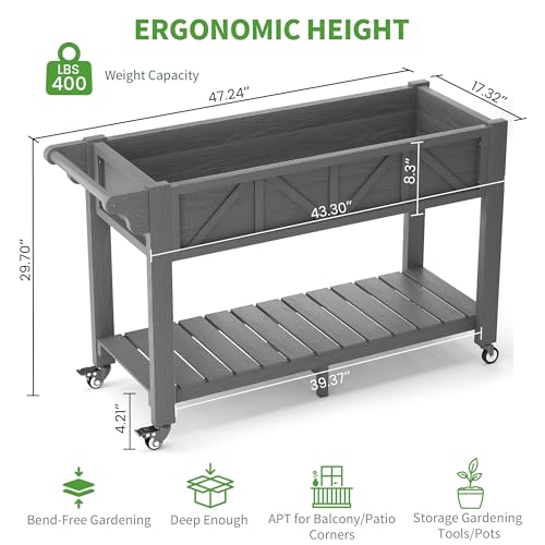 HIPS All-Weather Raised Garden Bed with Legs,47.2"L x 17.3"W x 29.7"H - color: Gray, size: 47.2"L-With Wheels