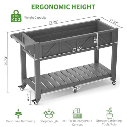 HIPS All-Weather Raised Garden Bed with Legs,47.2"L x 17.3"W x 29.7"H - color: Gray, size: 47.2"L-With Wheels