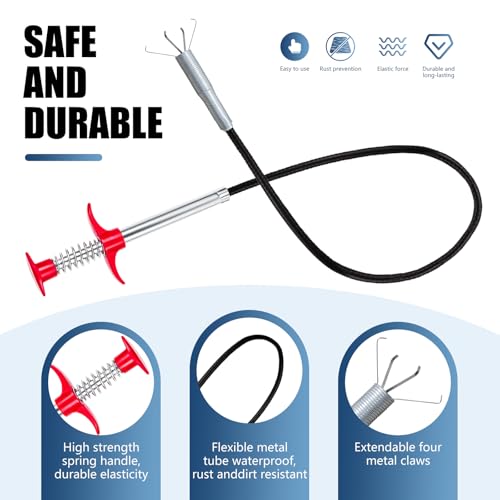Flexible Grabber Claw (4 Claws), Drain Snake with Tweezers - color: 63 inches