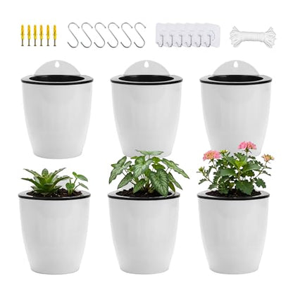 ORIMERC 6 Pack Hanging Planter Wall Planter Self Watering 5 inch Plant Pot with Hardware Vertical Planter Outdoor Indoor Plants Herb Garden Home Décor Kitchen Balcony Railing Shelf Fence (Medium) - size: 6*Medium