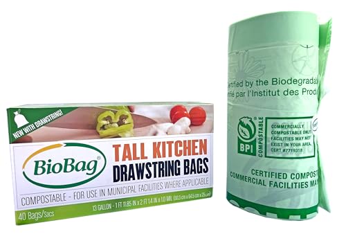 13 Gallon Compostable Drawstring Trash Bags by BioBag, 40 Count, BPI Certified, Meets ASTM D6400 Standards, Easy-Tie Kitchen Liners - style: 13 Gallon With Drawstring