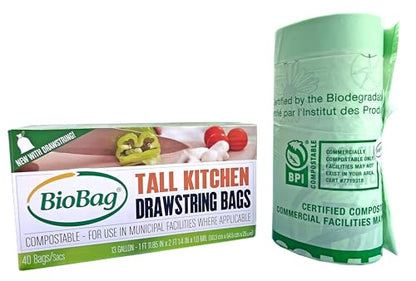13 Gallon Compostable Drawstring Trash Bags by BioBag, 40 Count, BPI Certified, Meets ASTM D6400 Standards, Easy-Tie Kitchen Liners - style: 13 Gallon With Drawstring