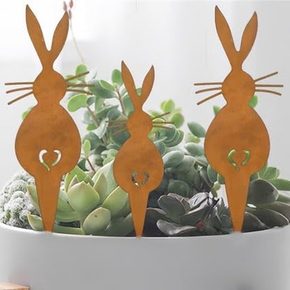 3-Pack Rustic Metal Rabbit Garden Stakes, Weathered Rust Finish with Heart Cutout, Suitable for Easter Accents
