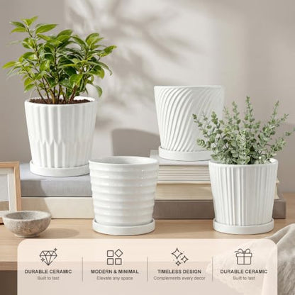White 6 Inch Flower Pots for Plants,Ceramic Planter with Drainage Holes - color: White