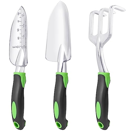 Garden Tools Set, 3 Pack Heavy Duty Gardening Tools Set Include Garden Shovel, Transplant Trowel and Hand Rake with Ergonomic Non-Slip Handle, Aluminum Alloy Lawn and Garden Hand Tools for Planting - color: Green