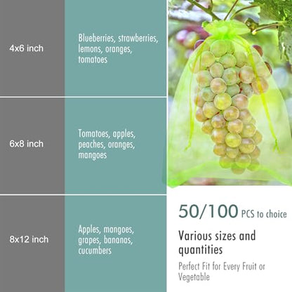 Fruit Protection Bags, Fetanten 6x8 in Mesh Drawstring Bag for Fruit Trees - size: 6 x 8 Inch 50pcs
