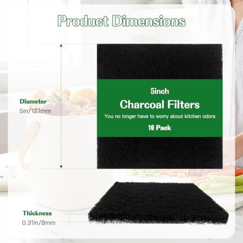 JURENGUDF 10 Pack 5 Inch Carbon Filters – Square Activated Charcoal Sheets, Odor Control Refills for Kitchen Compost Bucket and Countertop Bins