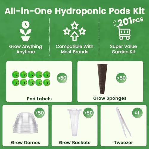 Hydroponic Pods Kit, Compatible with AeroGarden, 201Pcs - size: 201pcs-50 Grow Sponges&Labels&Baskets&Domes
