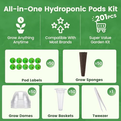 Hydroponic Pods Kit, Compatible with AeroGarden, 201Pcs - size: 201pcs-50 Grow Sponges&Labels&Baskets&Domes