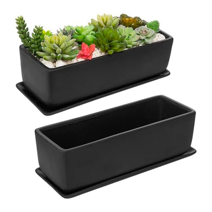 MyGift Matte Black Ceramic Indoor Plant Pot Succulent Planter, Decorative Flower Planter with Drainage Hole and Removable Tray (14 inch - 2 Pack) - size: 14 inch - 2 Pack