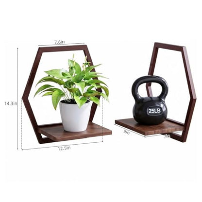 2 Pack Hexagon Wall Plant Stands, 9 Inch Walnut Wood Shelf Coffee - color: 2 Pack Coffee-a