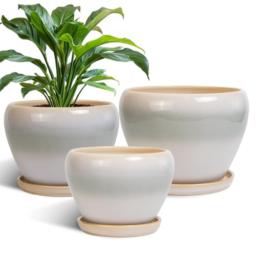 Ceramic Flower Pots, 10+8+6 Inch Ceramic Planters, White-Grey - color: White-grey