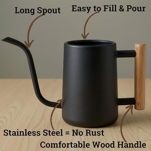 Metal Small Indoor Watering Can with Long Spout & Real Wood Handle, 35oz - color: Black