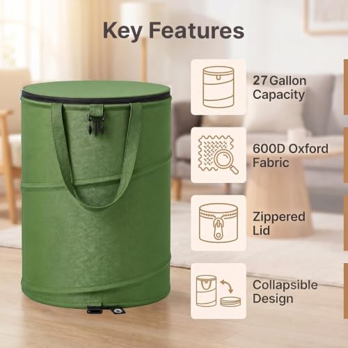 27 Gallon Collapsible Outdoor Trash Can Recycle Bin with Zipper Lid - size: 27 Gallons-With Lid