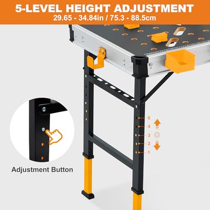 WORKESS Portable Workbench 1000Lbs Capacity 2026 Upgraded Adjustable 5 Level Height Heavy Duty Folding Work Table with 2 Quick Clamps, 4 Bench Dogs, 3 Tool Boxes for Garage Easy Storage - style: Adjustable Height