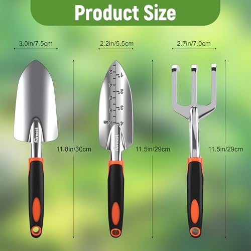Garden Tool Set, 3 Pack Aluminum Heavy Gardening Kit Including Hand Shovel, Transplant Shovel and Hand Rake for Planting, Digging, Weeding - color: Orange