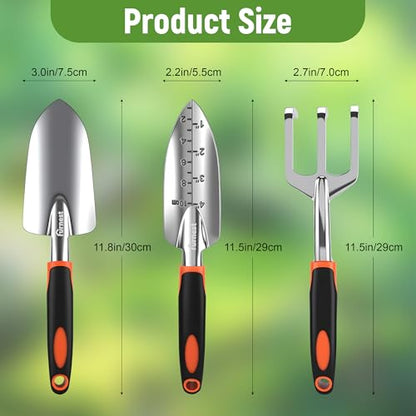 Garden Tool Set, 3 Pack Aluminum Heavy Gardening Kit Including Hand Shovel, Transplant Shovel and Hand Rake for Planting, Digging, Weeding - color: Orange