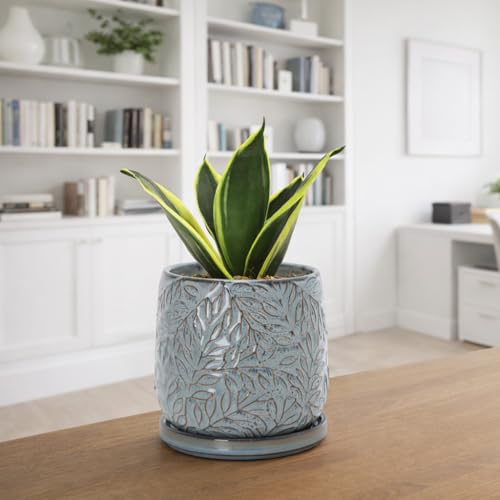 D'vine Dev Embossed Leaves Ceramic Planter, 5 in, Graphite Blue, 27-A-V-9 - color: Graphite Blue, size: 5 Inch