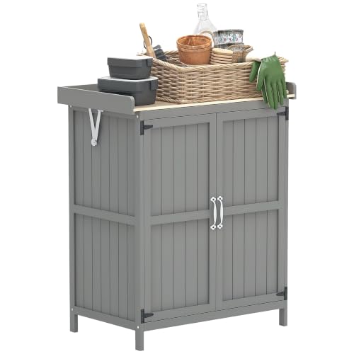 Outsunny Outdoor Storage Cabinet with Metal Tabletop Shelf Gray