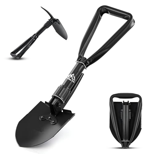 KIBOCO Small Folding Survival Shovel, Military-Style Tool for Car, Snow, Camping, Backpacking - 18" Carbon Steel Multitool with Pick