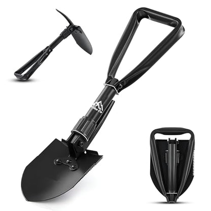 KIBOCO Small Folding Survival Shovel, Military-Style Tool for Car, Snow, Camping, Backpacking - 18" Carbon Steel Multitool with Pick