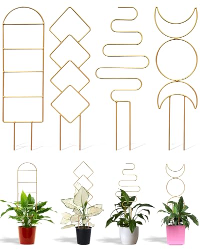 4 Pack Trellis for Climbing Plant Indoor, Small Metal Garden Trellis for Potted Plants Outdoor, Stake Mini Houseplant Trellis Support for Hoya, Vines, Pothos, Monstera (Gold) - color: gold