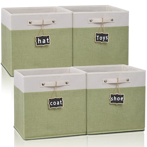 15x13x13 inch cube storage bin,Collapsible Fabric Storage Cubes with Labels 4 Pack,Linen Cube Storage Organizer Bins with Cotton Handles for Home,Nursery,Clothes,Shelves and Closet(White green). - color: white & green-4pack, size: 15''x13''x13''