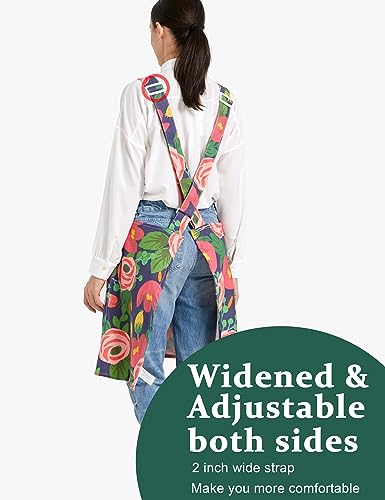 Cozy Adjustable Cross Back Aprons for Women with Pockets Cotton Linen Cooking Kitchen Baking - color: Red Tulips